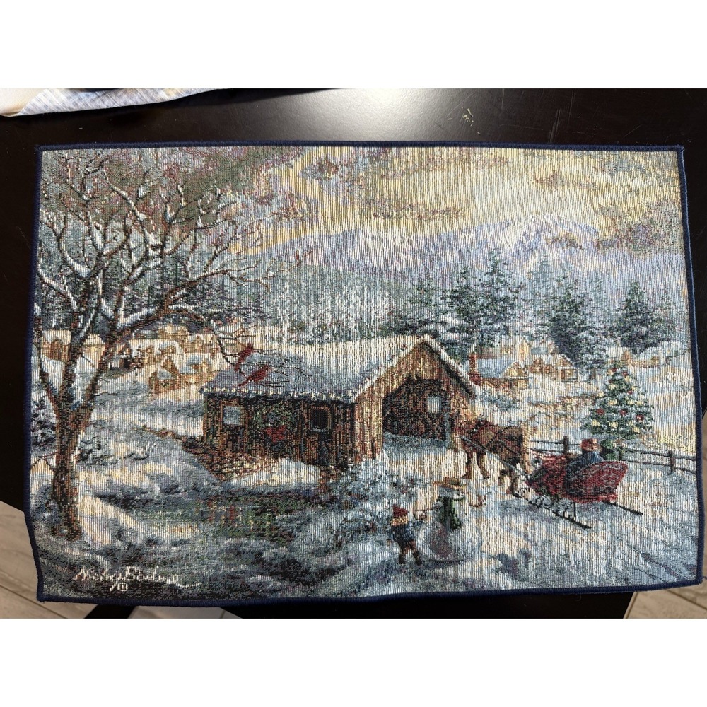 Lot of 3 Vintage Traditional Tapestries table setup Village covered bridge USA